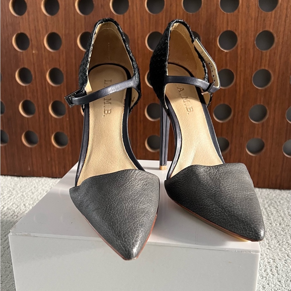 L. A. M. B. // Stilleto Heels. 4.5”. SIZE 6.  Grey & Navy Blue.